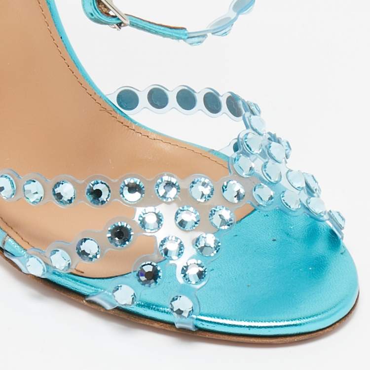 مملوكة مسبقًا Aquazzura Transparent/Metallic Aqua PVC and Leather Dance Plexi Sandals Size 38.5