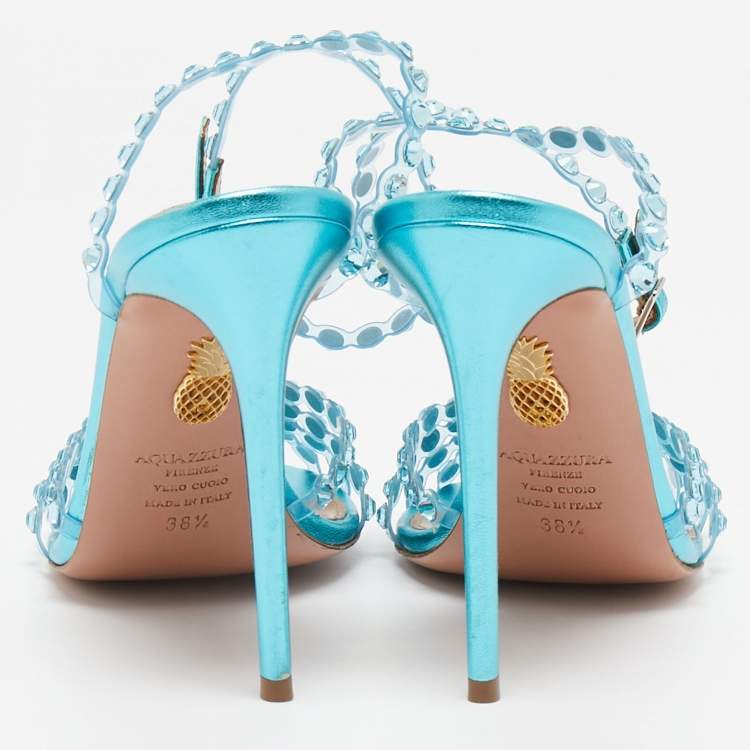 مملوكة مسبقًا Aquazzura Transparent/Metallic Aqua PVC and Leather Dance Plexi Sandals Size 38.5
