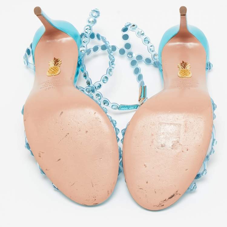 مملوكة مسبقًا Aquazzura Transparent/Metallic Aqua PVC and Leather Dance Plexi Sandals Size 38.5