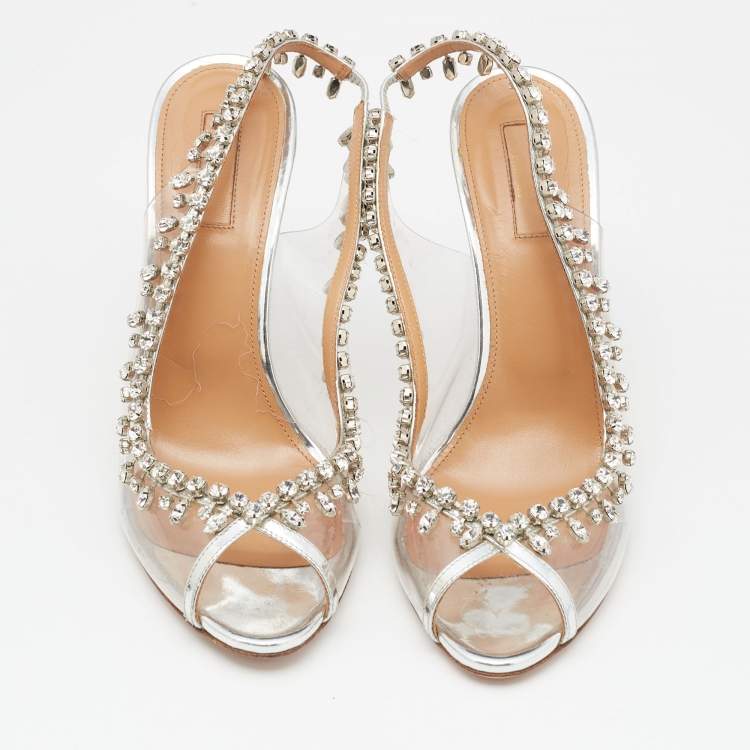 Pre Owned Aquazzura Silver PVC And Leather Temptation Crystal Sandals Size 39.5