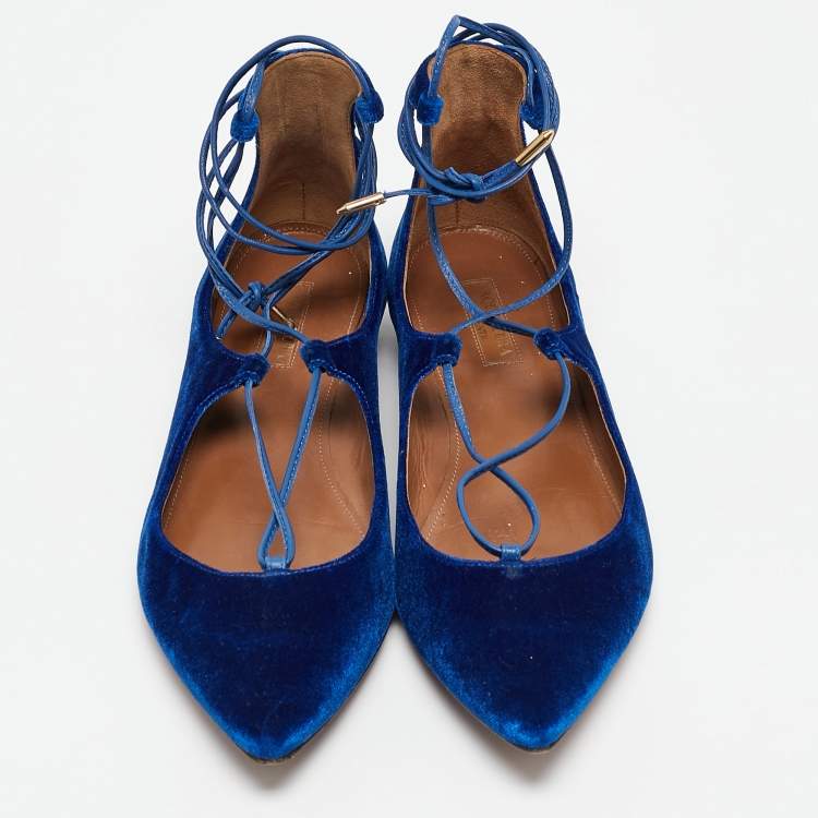Pre Owned Aquazzura Blue Velvet Christy Ankle Tie Ballet Flats Size 38.5