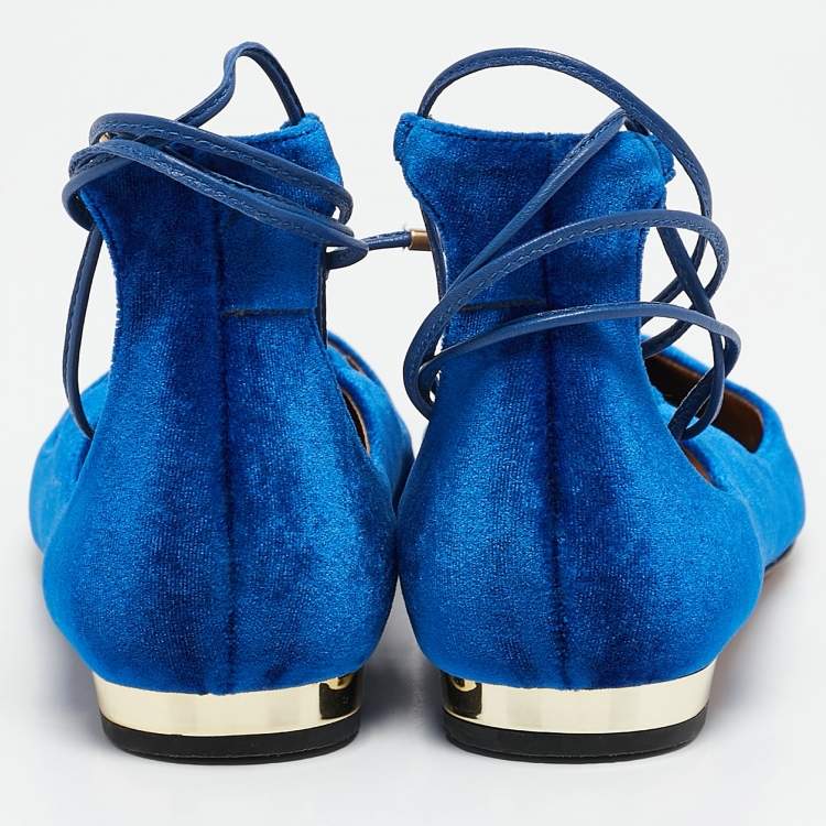 Pre Owned Aquazzura Blue Velvet Christy Ankle Tie Ballet Flats Size 38.5