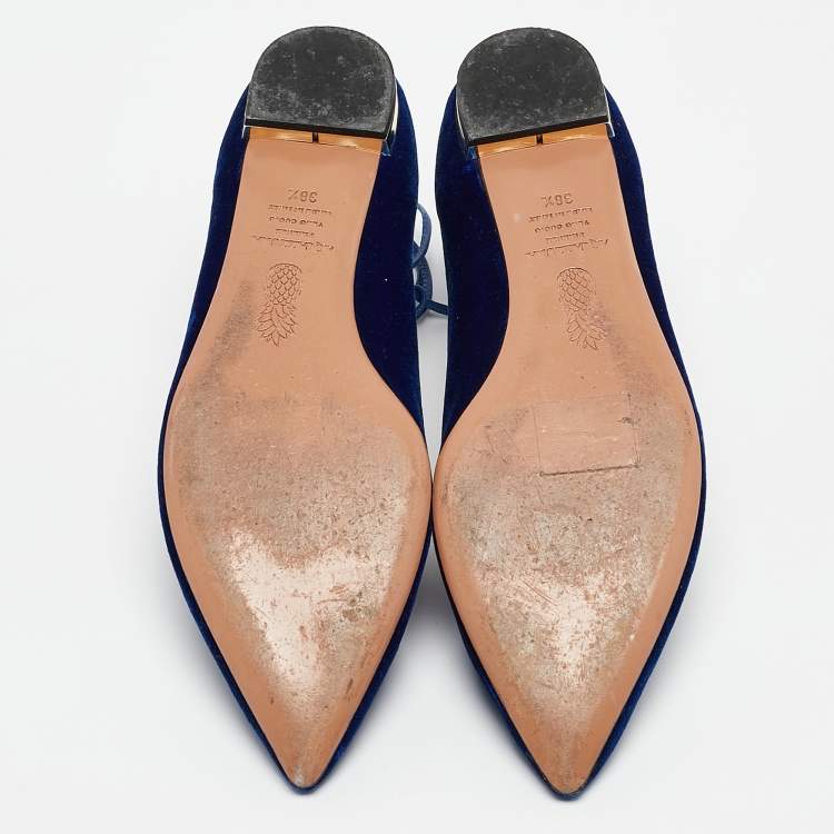 Pre Owned Aquazzura Blue Velvet Christy Ankle Tie Ballet Flats Size 38.5