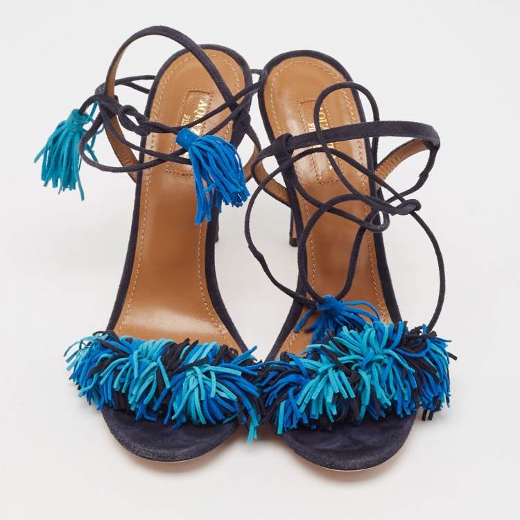 Pre Owned Aquazzura Blue Suede Wild Thing Fringe Ankle Strap Sandals Size 39.5
