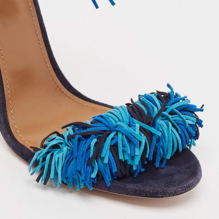 Pre Owned Aquazzura Blue Suede Wild Thing Fringe Ankle Strap Sandals Size 39.5