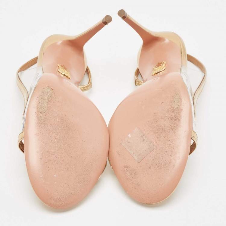 Pre Owned Aquazzura Gold Leather and PVC Nude Slingback Sandals Size 36