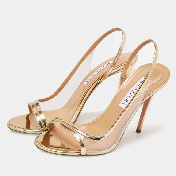 Pre Owned Aquazzura Gold Leather and PVC Nude Slingback Sandals Size 36