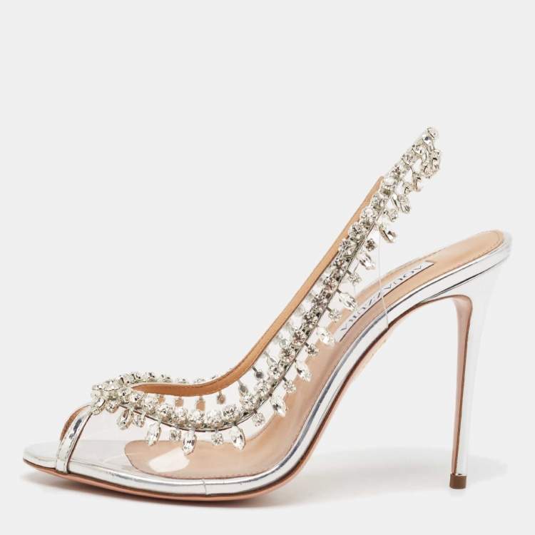 Pre Owned Aquazzura Silver Leather and PVC Crystal Temptation Slingback Sandals Size 38.5
