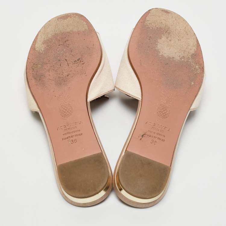 مملوكة مسبقًا Aquazzura Pink Satin Crystal Embellished Flat Slides Size 38