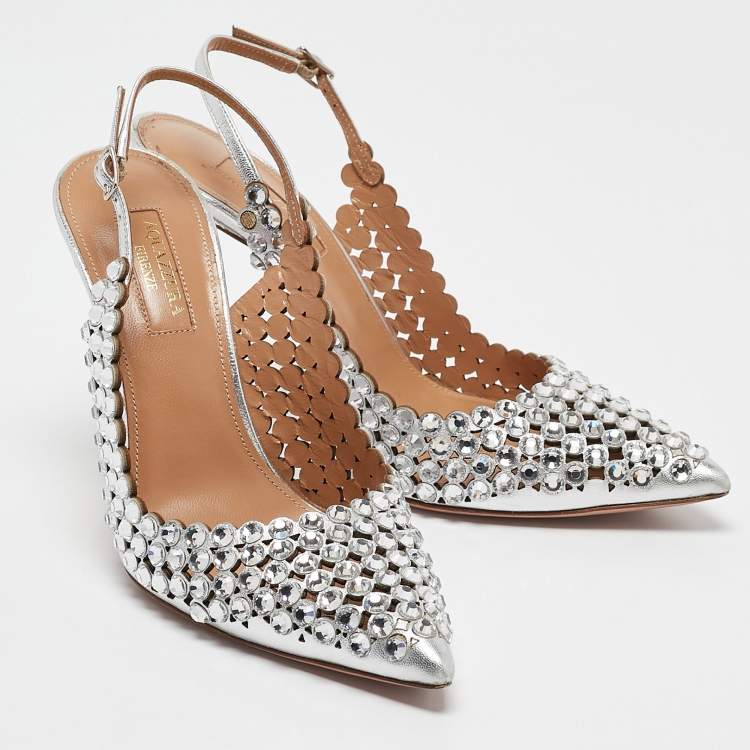 Pre Owned Aquazzura Silver Leather Tequila Crystal Slingback Pumps Size 36.5