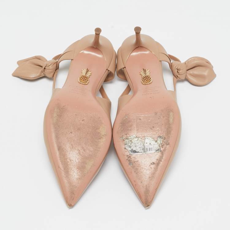 Pre Owned Aquazzura Beige Leather Deneuve Bow Tie Pumps Size 37