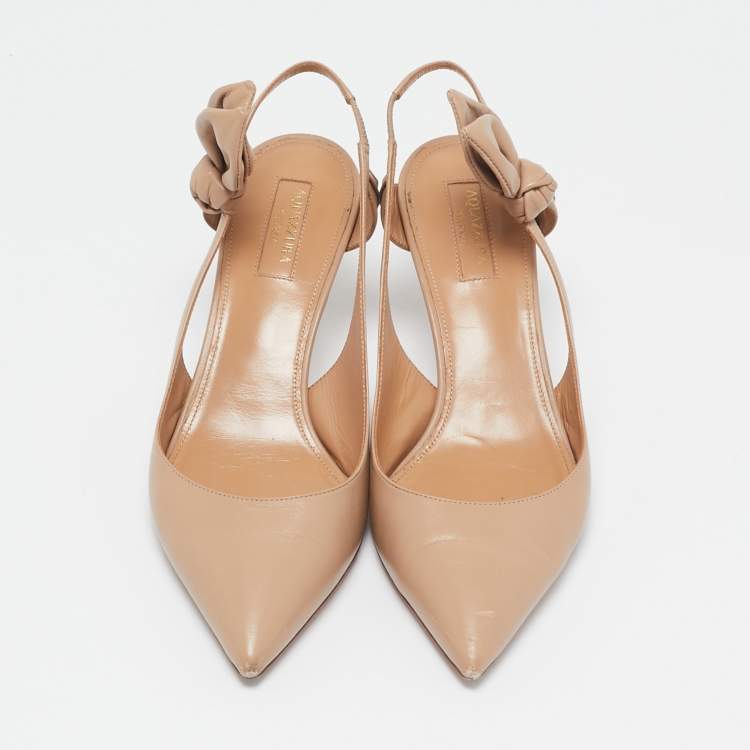 Pre Owned Aquazzura Beige Leather Deneuve Bow Tie Pumps Size 37