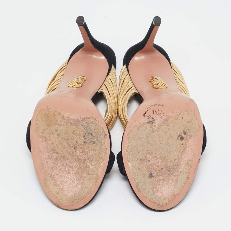 Pre Owned Aquazzura Black/Gold Suede and Leather Rendez Vous Sandals Size 36