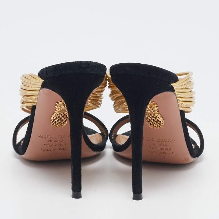 Pre Owned Aquazzura Black/Gold Suede and Leather Rendez Vous Sandals Size 36