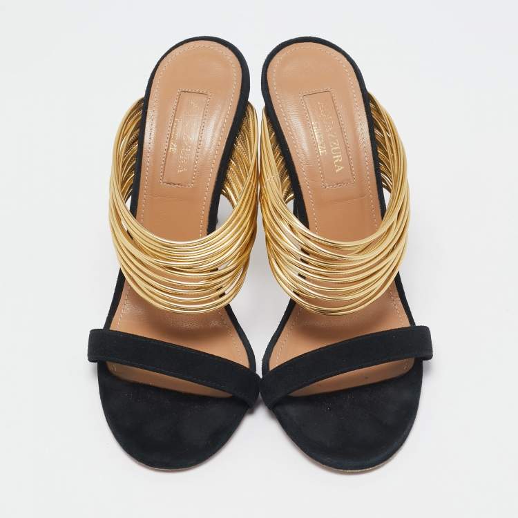 Pre Owned Aquazzura Black/Gold Suede and Leather Rendez Vous Sandals Size 36