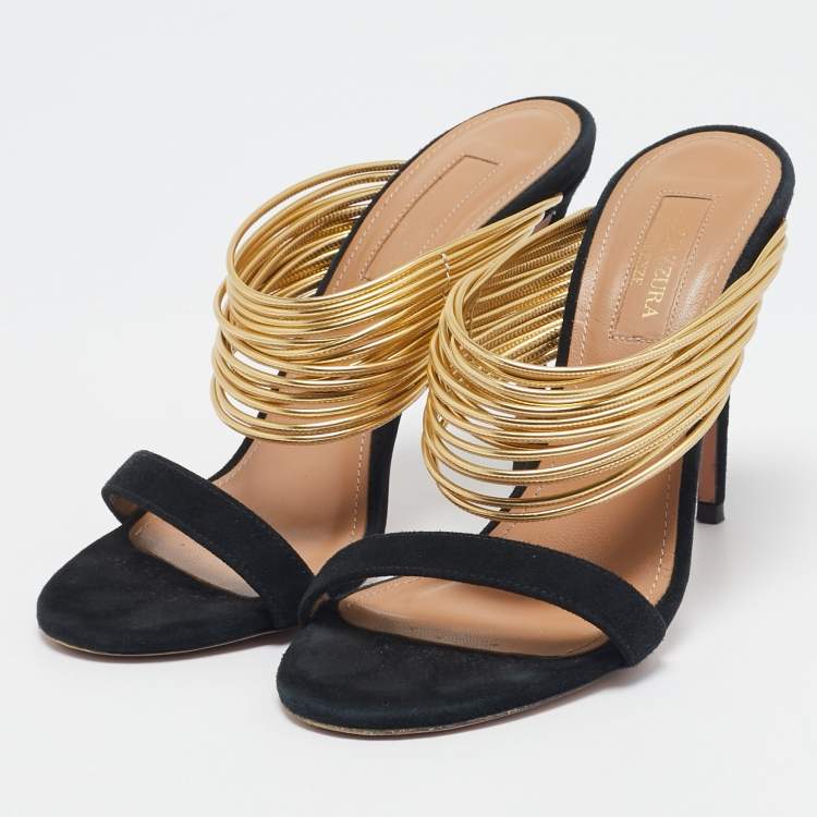 Pre Owned Aquazzura Black/Gold Suede and Leather Rendez Vous Sandals Size 36