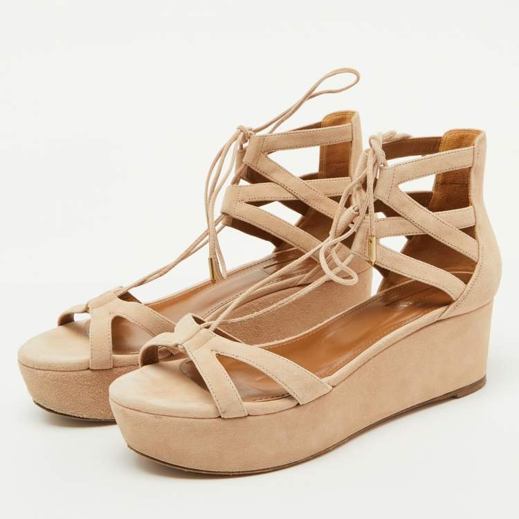 Pre Owned Aquazzura Beige Suede Beverly Hills Platform Sandals Size 38