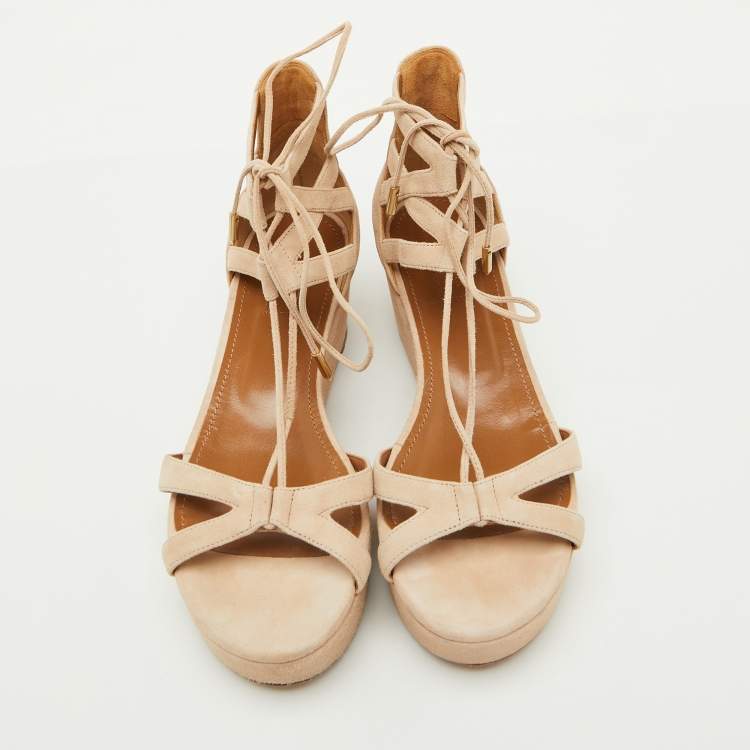 Pre Owned Aquazzura Beige Suede Beverly Hills Platform Sandals Size 38