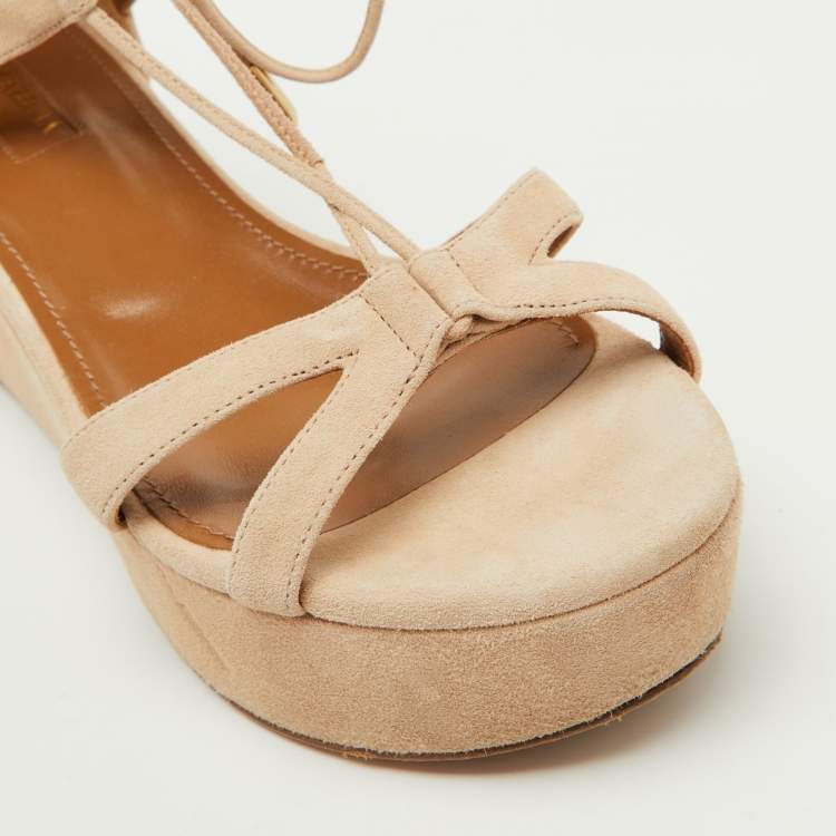 Pre Owned Aquazzura Beige Suede Beverly Hills Platform Sandals Size 38