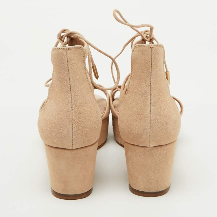 Pre Owned Aquazzura Beige Suede Beverly Hills Platform Sandals Size 38
