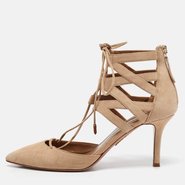 Pre Owned Aquazzura Beige Suede Belgravia Lace Up Pointed Toe Pumps 37.5