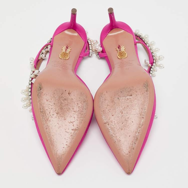 Pre Owned Aquazzura Pink Fabric Crystal Embellished Slingback Pumps Size 36