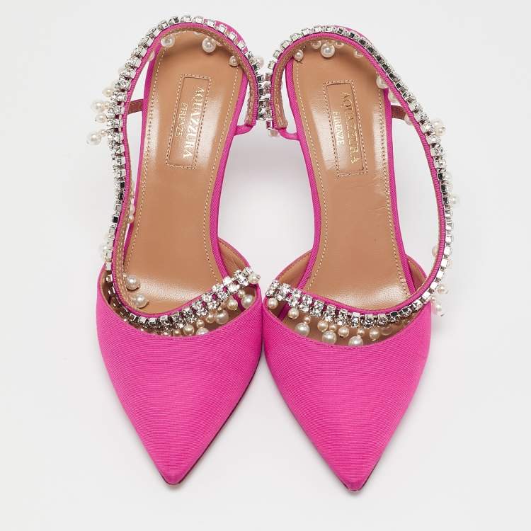 Pre Owned Aquazzura Pink Fabric Crystal Embellished Slingback Pumps Size 36