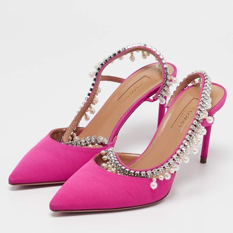 Pre Owned Aquazzura Pink Fabric Crystal Embellished Slingback Pumps Size 36