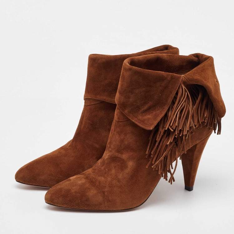Pre Owned Aquazzura Brown Suede Fringe Detail Ankle Length Boots Size 38.5