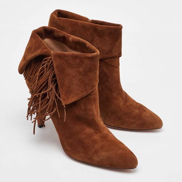 Pre Owned Aquazzura Brown Suede Fringe Detail Ankle Length Boots Size 38.5