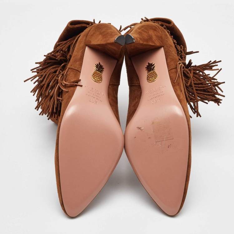 Pre Owned Aquazzura Brown Suede Fringe Detail Ankle Length Boots Size 38.5