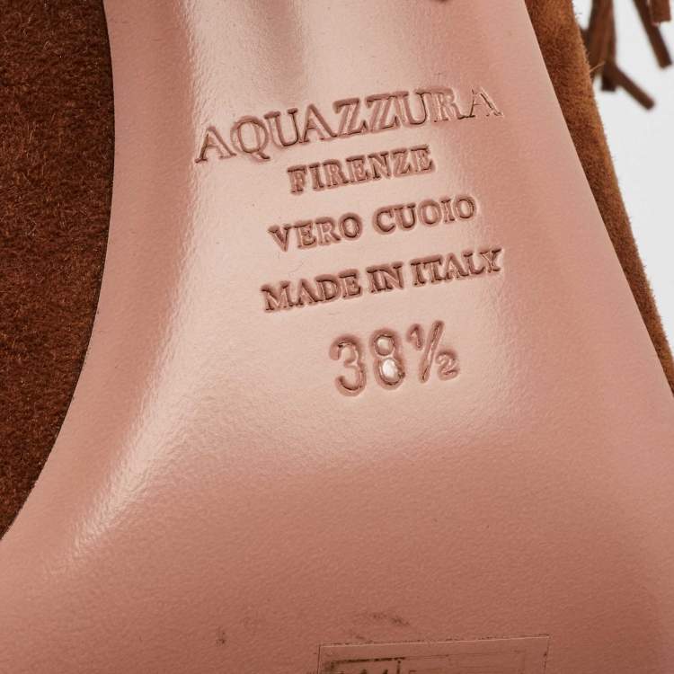 Pre Owned Aquazzura Brown Suede Fringe Detail Ankle Length Boots Size 38.5