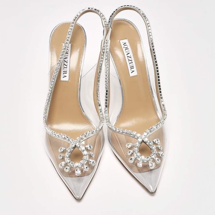 Pre Owned Aquazzura Silver/Transparent Leather and PVC Seduction Pumps Size 40.5