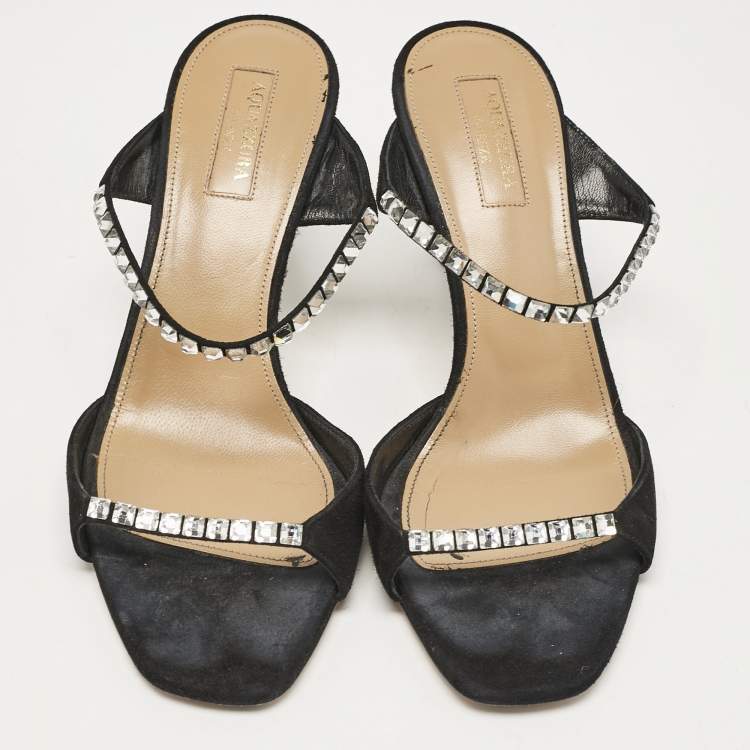 Pre Owned Aquazzura Black Suede Crystal Embellished Slide Sandals Size 37.5