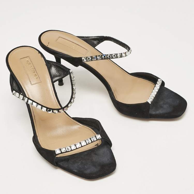 Pre Owned Aquazzura Black Suede Crystal Embellished Slide Sandals Size 37.5