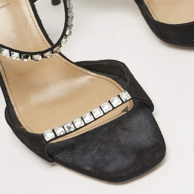 Pre Owned Aquazzura Black Suede Crystal Embellished Slide Sandals Size 37.5