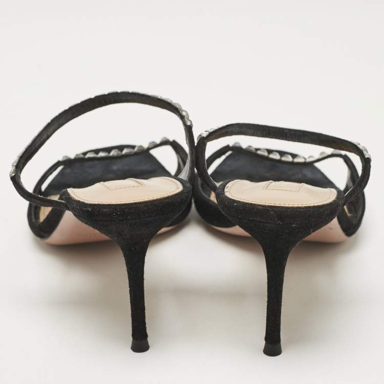 Pre Owned Aquazzura Black Suede Crystal Embellished Slide Sandals Size 37.5