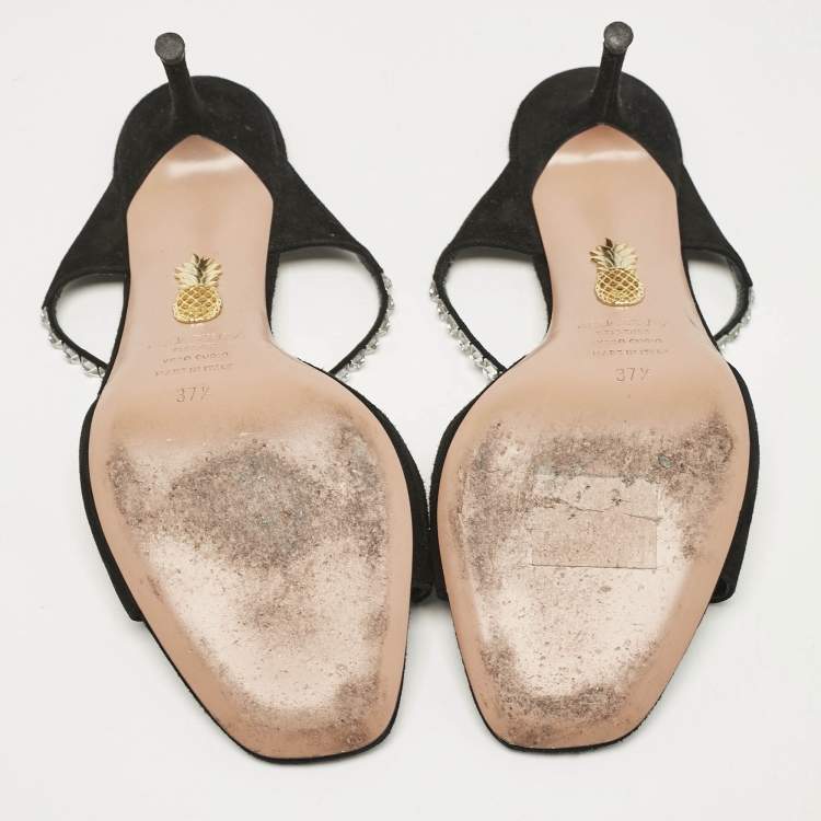 Pre Owned Aquazzura Black Suede Crystal Embellished Slide Sandals Size 37.5