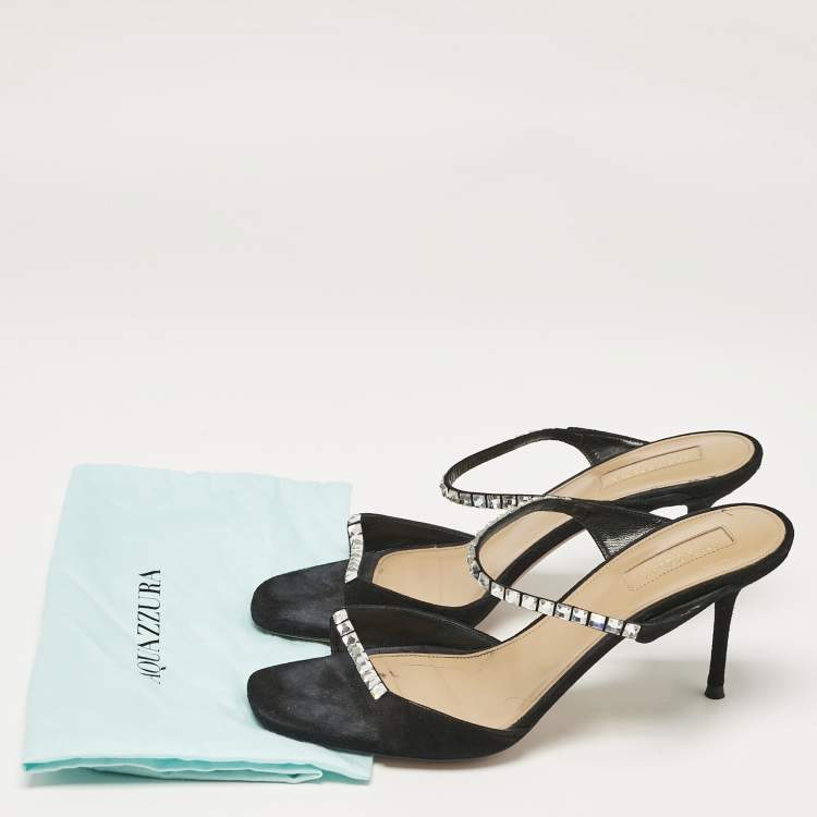 Pre Owned Aquazzura Black Suede Crystal Embellished Slide Sandals Size 37.5