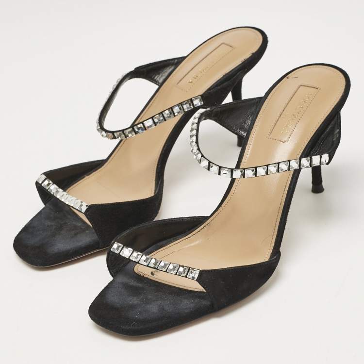 Pre Owned Aquazzura Black Suede Crystal Embellished Slide Sandals Size 37.5