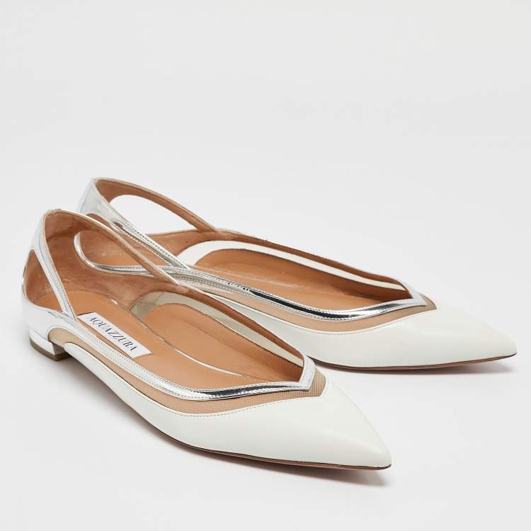 Pre Owned Aquazzura White/Silver Leather Cinemax Ballet Flats Size 38