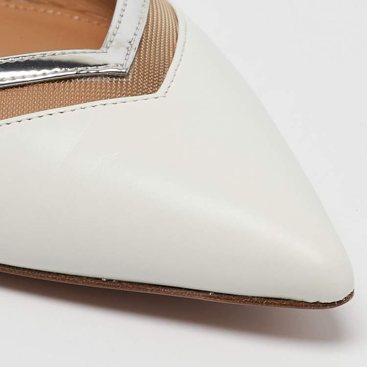 Pre Owned Aquazzura White/Silver Leather Cinemax Ballet Flats Size 38