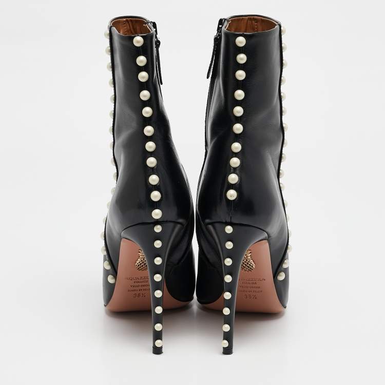 Pre Owned Aquazzura Black Leather Follie Pearls Ankle Boots Size 38.5