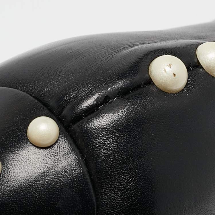 Pre Owned Aquazzura Black Leather Follie Pearls Ankle Boots Size 38.5
