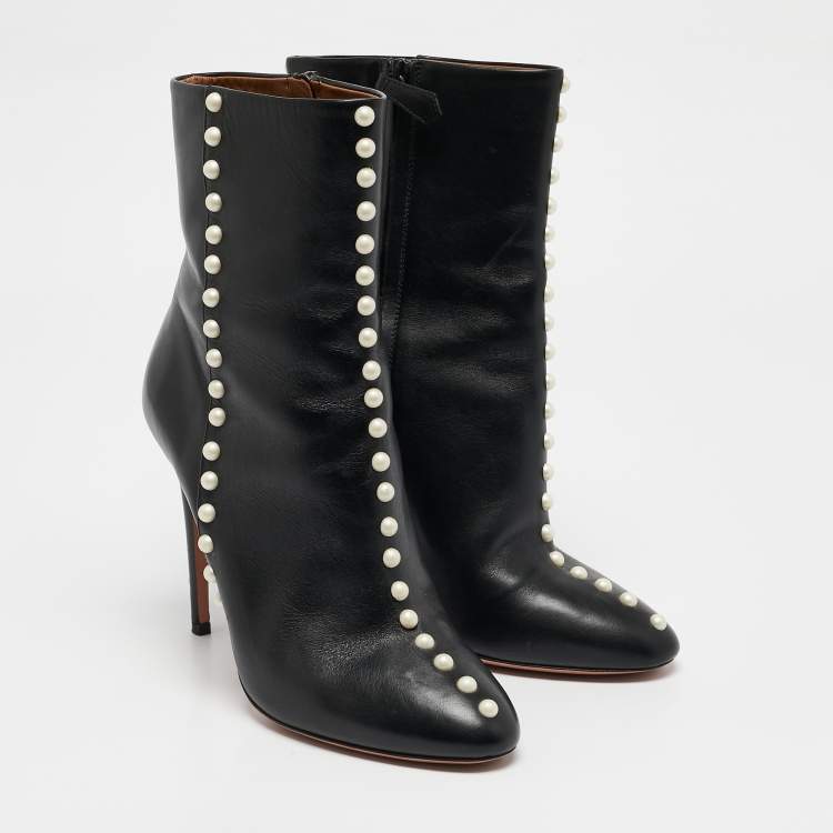 Pre Owned Aquazzura Black Leather Follie Pearls Ankle Boots Size 38.5