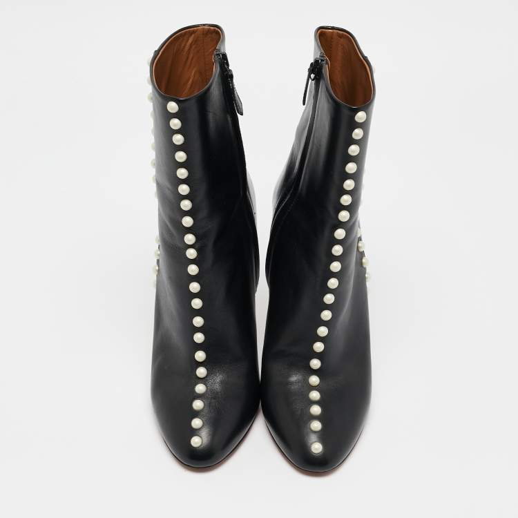 Pre Owned Aquazzura Black Leather Follie Pearls Ankle Boots Size 38.5
