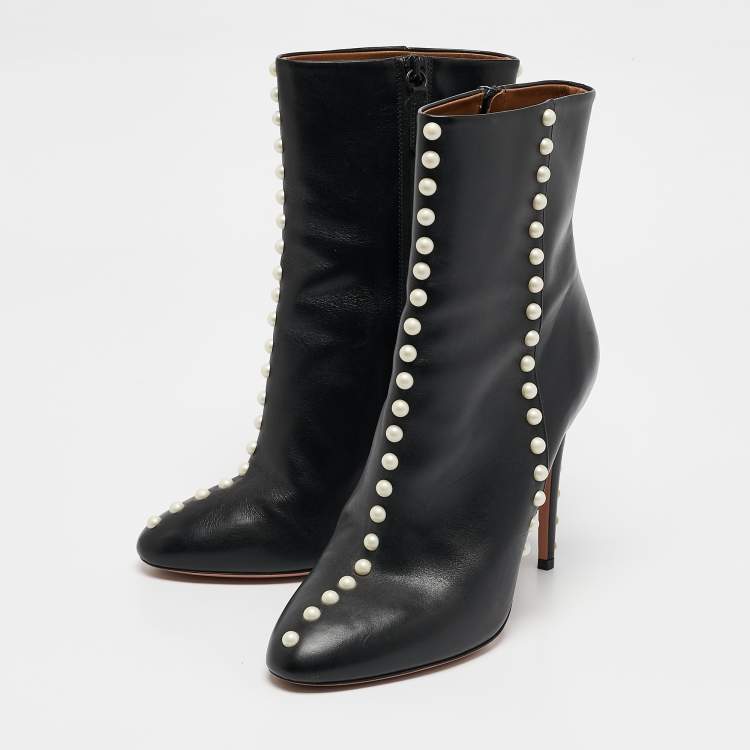 Pre Owned Aquazzura Black Leather Follie Pearls Ankle Boots Size 38.5