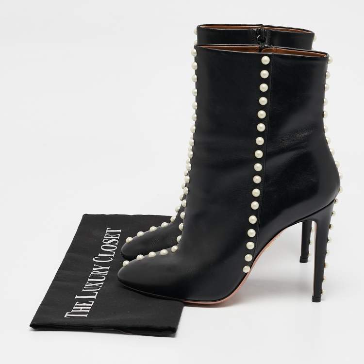 Pre Owned Aquazzura Black Leather Follie Pearls Ankle Boots Size 38.5