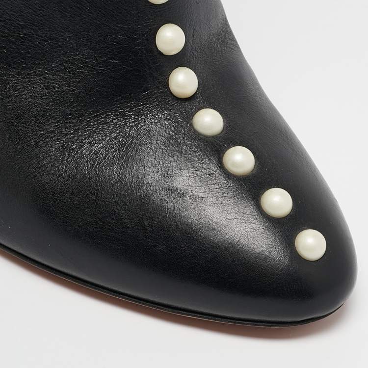 Pre Owned Aquazzura Black Leather Follie Pearls Ankle Boots Size 38.5