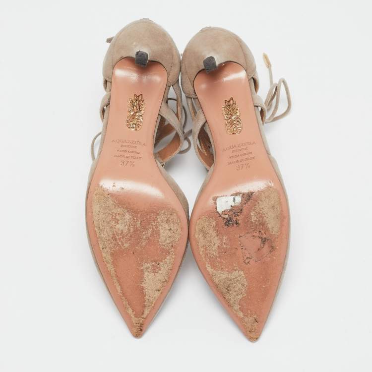 Pre Owned Aquazzura Beige Suede Belgravia Lace Up Pointed Toe Pumps 37.5